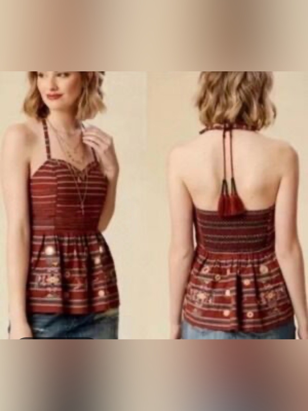 Altar'd State Strapless Red Patterned Peplum Top
